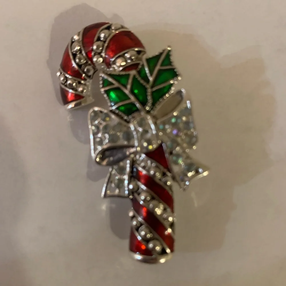 Christmas Candy Cane Enamel Clear Rhinestones Vintage Silver Brooch